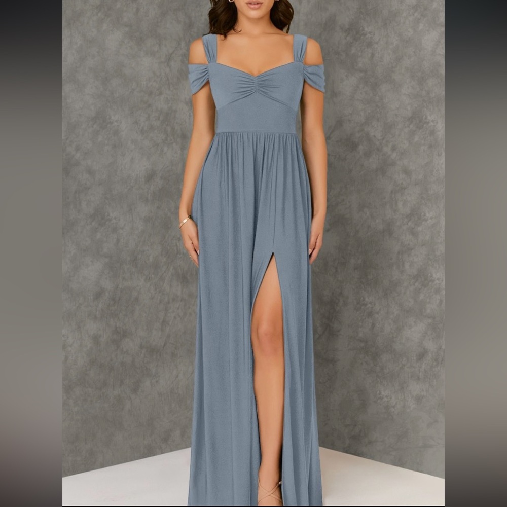 Kimmay Dusty Blue A-Line Pleated Luxe Knit Floor-Length Dress